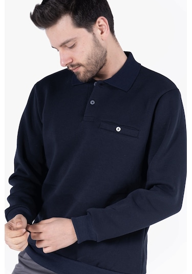 3 İplik Polo Yaka Fleto Cepli Sweatshirt Lacivert