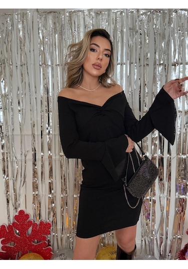 Tua Moda Kadın Yolbaşı Özel Uzun Kollu Çapraz Derin Dekolte Detaylı Ithal Krep Kısa Elbise Siyah