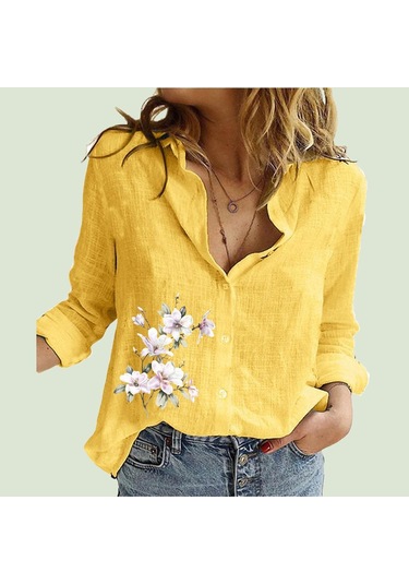 Sarı Kadın Moda Yaka Boyun Gömlek İlkbahar ve Sonbahar Pamuk Keten Üst Rahat Baskı Hırka Bluzlar Sarı
