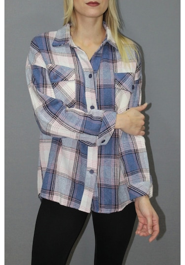 Saklımoda Oversize Ekose Gömlek Mavi - 4686.140 Çok Renkli