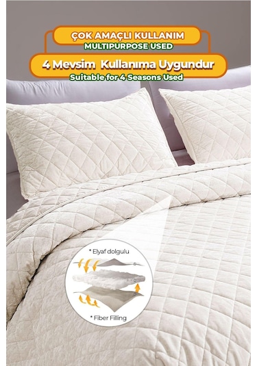 Evlen Home Kapitone Kadife Yatak Örtüsü Seti Çift Kişilik Supersoft 3 Parça Yumuşak Elyaf Dolgulu Krem Krem