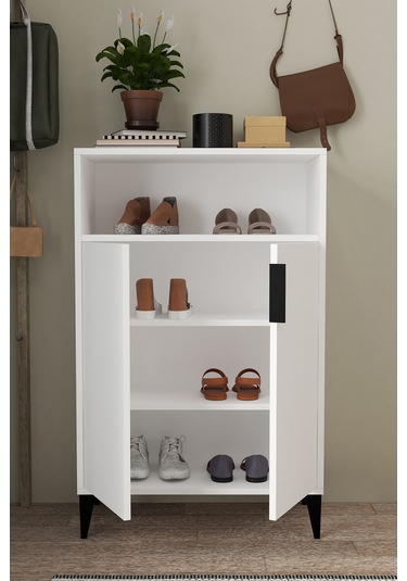 1201 Ada Ayakkabılık 4 Raflı 2 Kapaklı Çok Amaçlı Dolap Beyaz Beyaz