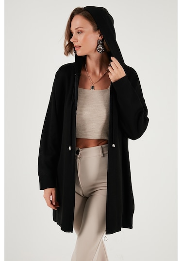 Lela Modest Regular Fit Kapüşonlu Tesettür Triko Bayan Hırka 4616176 Siyah