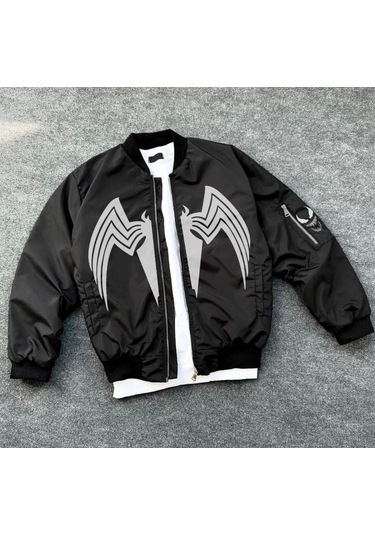 Tam Fermuarlı Uzun Kol Baskılı Bomber Ceket - Siyah Siyah
