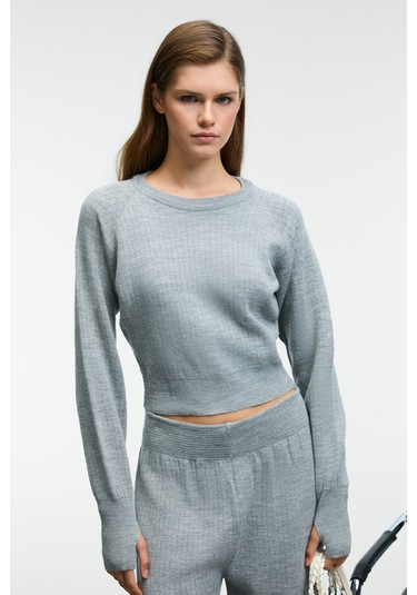 MARIPOSA Kadın Yuvarlak Yaka Çizgi Desenli Crop Geniş Paça Triko Grimelanj Alt-Üst Takım