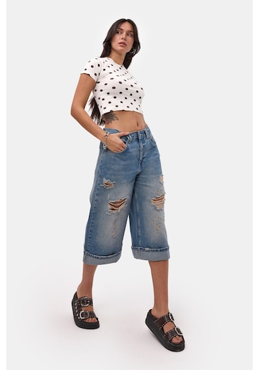 Itsbasic Kadın Kot Rengi 10s6-84 Yırtık Detaylı Maxi Bermuda Şort
