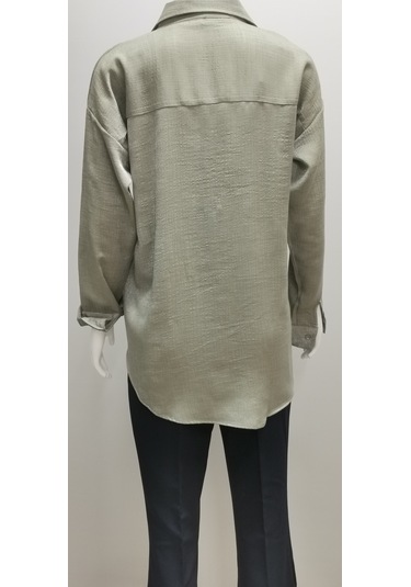 Kadın Uzun Kollu Salaş Parlak Simli Pamuk Gömlek Mint Yeşili