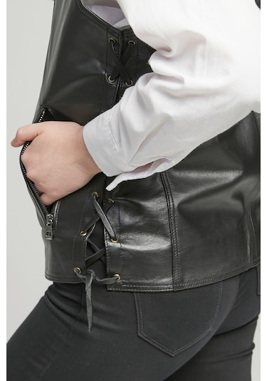 Hakiki Deri Yandan Ayarlanabilir Bağcıklı Yelek Siyah Renk Siyah