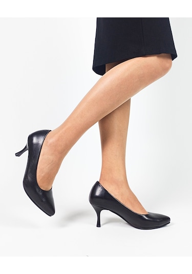 Hakiki Deri Siyah Renk Alçak Topuk Kadın Stiletto 001