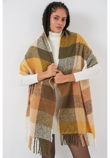 Kadın Yumuşak Dokulu Kalın Şal Atkı 15951 - Hardal Hardal