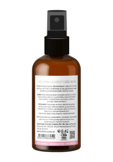 Akita Doğal Yaşlanma Karşıtı Cam Şişe Gül Suyu 100 ML