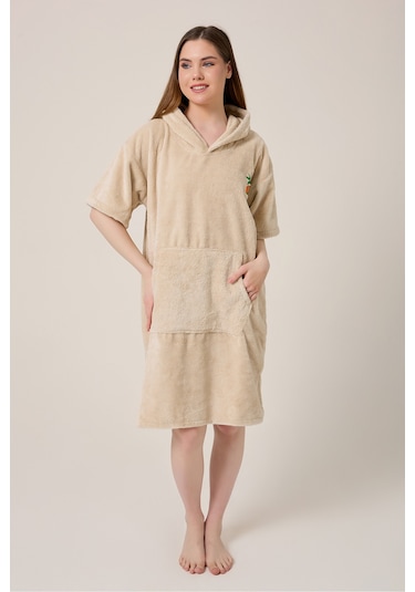 Palmiye Sörf Nakışlı Yetişkin Sörf Yazlık Panço Kapüşonlu Plaj Havlusu Bej Bej