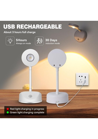 Gajeena Usb Şarjlı Led Spot Lambası, 3 Renk Işıklı, 3m Kişi Algılama, 1200mah Pil, Aluminyum+abs Materyal, Ev Dekorasyon Için Beyaz