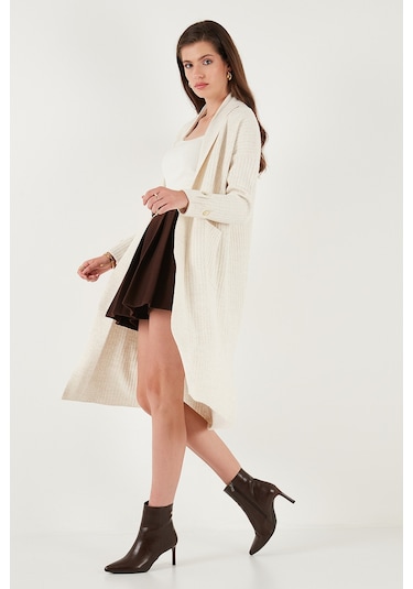Lela % 100 Akrilik Triko Örme Uzun Bayan Hırka 4615212 Açık Taş