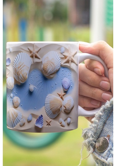 Deniz Kabukları 3d Tasarım Görünümlü Baskılı Kupa Bardak Mug Beyaz