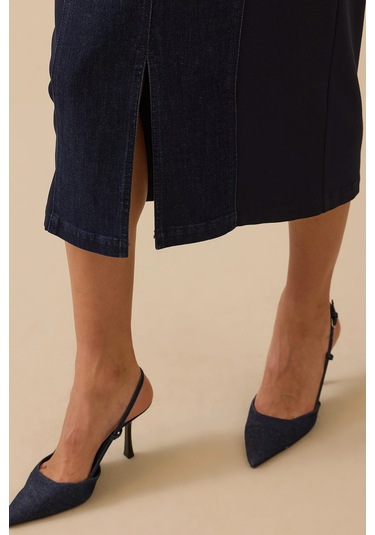 Seçil Kadın Çift Kumaşlı Yırtmaç Detaylı Jean Etek 0001 Lacivert Lacivert