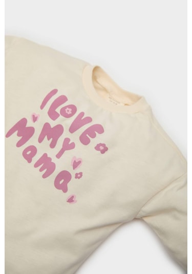 DeFacto Kız Bebek Yenidoğan Bisiklet Yaka Baskılı Penye 2'li Uzun Kollu Tişört E6362A525SPER233 Ekru