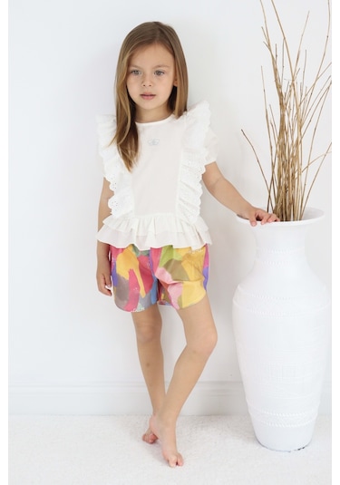 Fistolu Kelebek Motif Şortlu Pamuk Dokuma Kız Çocuk Takım Tf7352 001