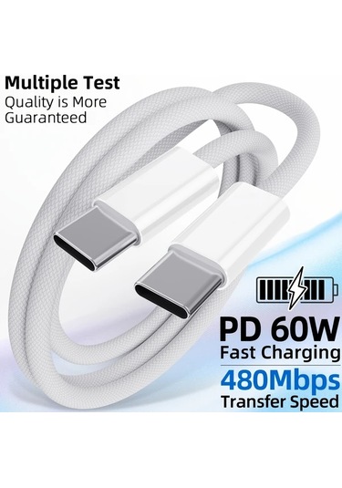 Honeybeeshop 60w Usb C Şarj Kablosu 5 Adet Beyaz Örgülü 100 58cm iPhone Uyumlu 16 Pro Max iPad Uyumlu Samsung Galaxy Uyumlu İçin