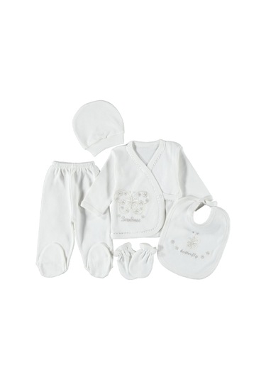0-3 Aylık 5 Li Kelebek Nakışlı Zıbın Seti Hastane Çıkış Seti %100 Pamuklu Kutusuz Ekru