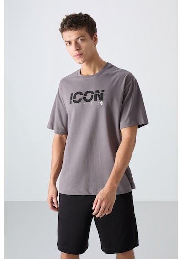 Tommy Life Koyu Gri Pamuklu Kalın Yumuşak Dokulu Oversize Fit Baskılı Erkek T-shirt - 88331 Koyu Gri