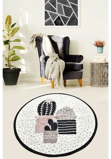 Three Cactus Djt Çap 100 Cm Kaymaz Taban Dekoratif Halı