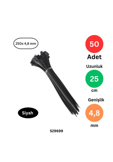 Plastik Kablo Bağı Klipsi Cırt Kelepçe 250 X 4.8 Siyah 50 Adet Siyah