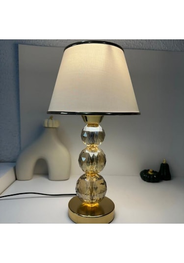 Mooncher Cam Gövdeli Gold Metal Abajur Altın Şeritli Krem Kumaş Başlık Gece Lambası Krem - Gold