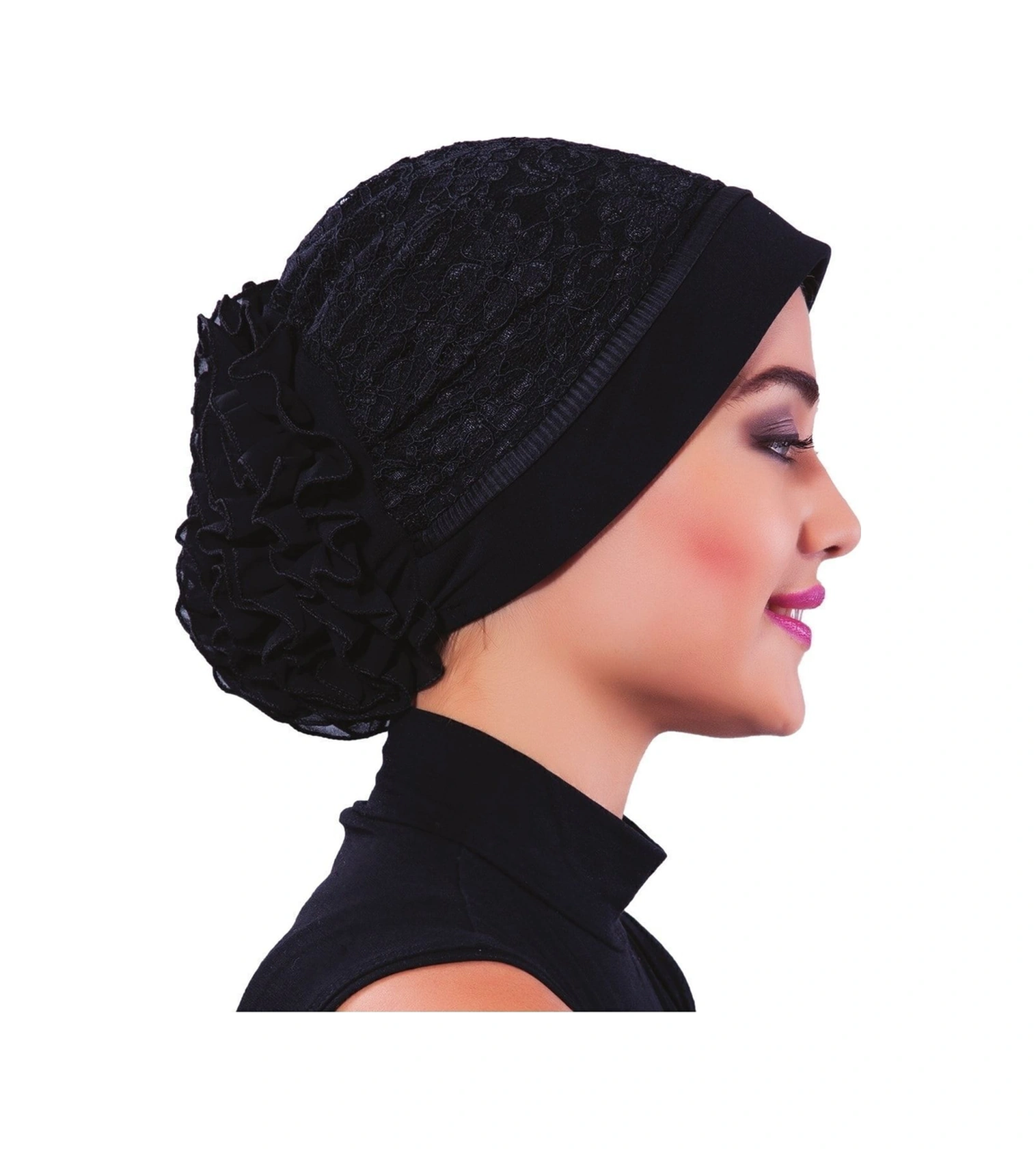 Kordoneli Arkası Fırfırlı Önü Plise Biyeli Siyah Hazır Türban Tesettür Bone Siyah