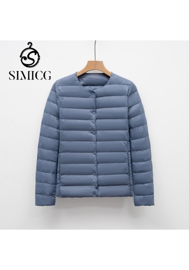 Hafif Kadın Kısa Yuvarlak Yakalı Düz Renk Kuş Tüyü Ceket Sıcak Mont Mavi
