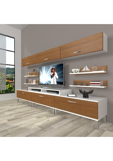 Decoraktiv Ekoflex 8y Slm Krom Ayaklı Tv Ünitesi Tv Sehpası Beyaz - Ceviz