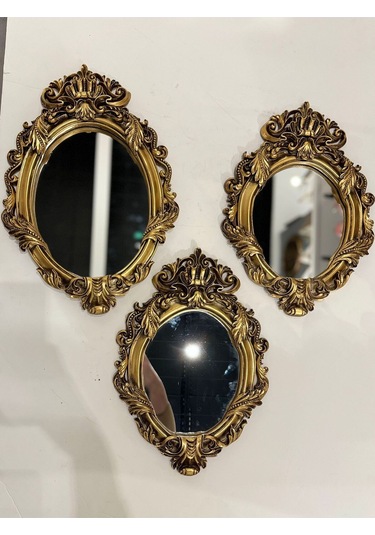 Dekoratif Polyester Üçlü Yaprak Ayna Takımı Gold Eskitme