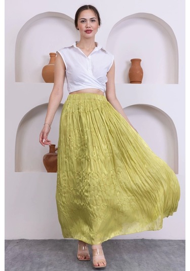 Kırışık Detaylı Etek 6034-yağ Yeşili Yağ Yeşili