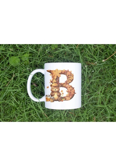 B Harf Sonbahar Yaprak Temalı Kupa Bardak - Sevimli Figürler İle Alfabe Harfli Bardak - Kişiye Özel Beyaz