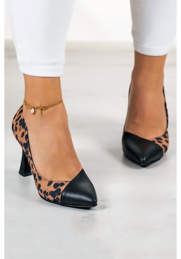 Jatqılı Plus Siyah Leopar Kadeh Topuklu Ayakkabı Leopar - Siyah