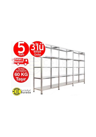 Açıkmağazam Galvanizraf 5 Katlı 3 Lü Bitişik Galvaniz Çelik Arşiv Depo Rafı