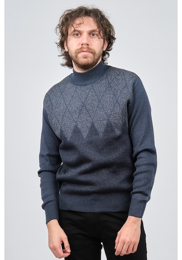 Ateş Triko Erkek Yarım Balıkçı Yaka Desenli Kazak 6091804 Indigo Indigo İndigo