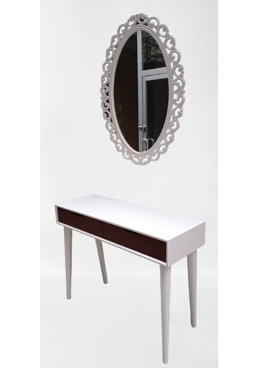 Dresuar Ahşap Kayın Retro Ayak Çift Çekmece Motifli Ayna Beyaz Ceviz El Yapımı Beyaz