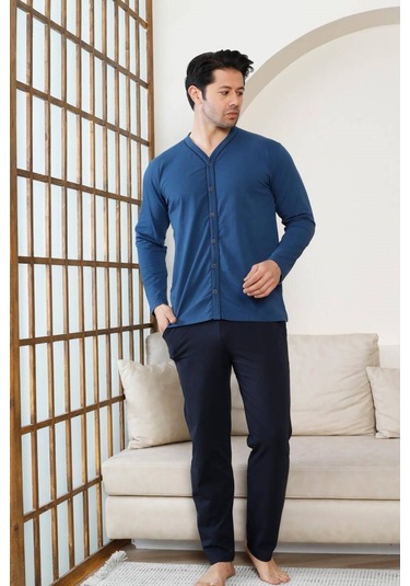Erkek V Yaka Önden Düğmeli Pamuk Likra Mevsimlik Uzun Kol Cepli Pijama Takımı İndigo