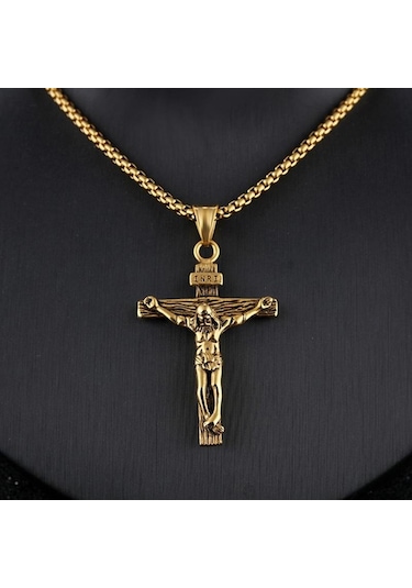 Altın Erkek Gümüş Paslanmaz Çelik İsa Mesih Haç Çapraz Kolye Kolye Zinciri
