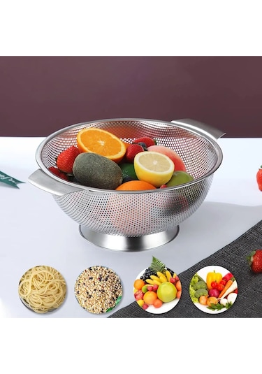 Rocco Gümüş Paslanmaz Çelik Kevgir Karıştırma Kasesi Salata Makarna Sebze Meyve Süzgeç 22,5 Cm Çelik