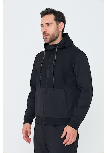 White Stone Siyah Kapüşonlu Fermuarlı Erkek Sweatshirt