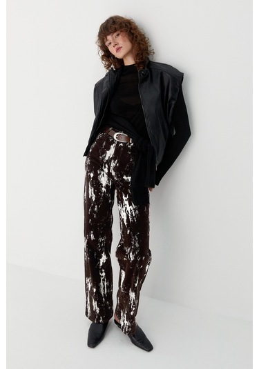 Wide Leg Desenli Denim Pantolon Kahverengi Kahverengi