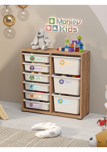 Beyza 9 Sepet Stickerlı Çok Amaçlı Dolap Oyuncak Dolabı Çam Atlantik Çam