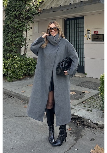 Gri Vittoria Düğmeli Yaka Kaban - 2511 Gri