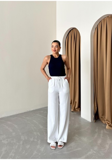 Beyaz Beli Lastikli Pamuklu Keten Pantolon Beyaz