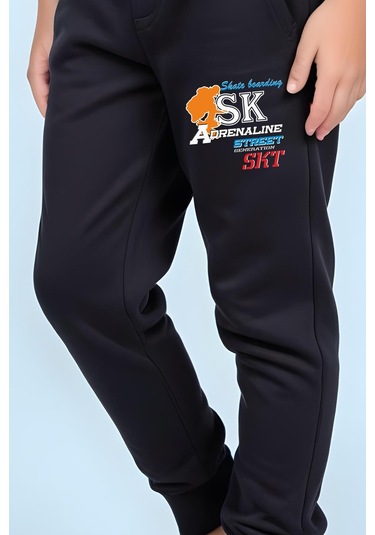 Sk Baskılı Erkek Çocuk Beli Lastik Detaylı Bağlamalı Eşofman Altı Siyah