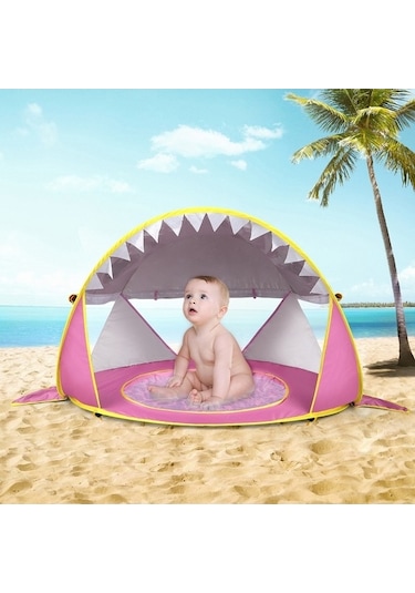 Ebitda Türk Bebek Plaj Çadırı Havuzlu Taşınabilir Katlanabilir Güneşlik Pembe Şerit Beyaz - Pembe Beyaz - Pembe