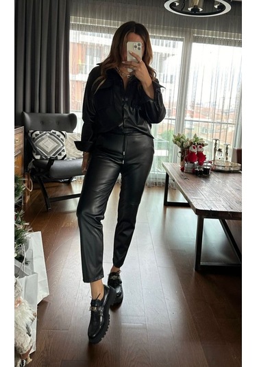 Deri Alt-üst Şık Takım Siyah Siyah
