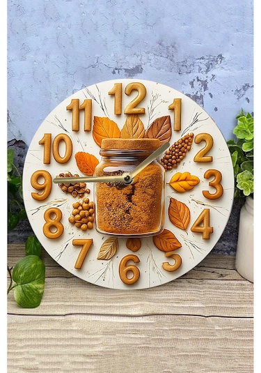 Zamanın Baharatı Kavanoz Temalı Sessiz Yuvarlak Ahşap Duvar Saati, Kuvars Coffe Desen 2d Sdw209 Renkli